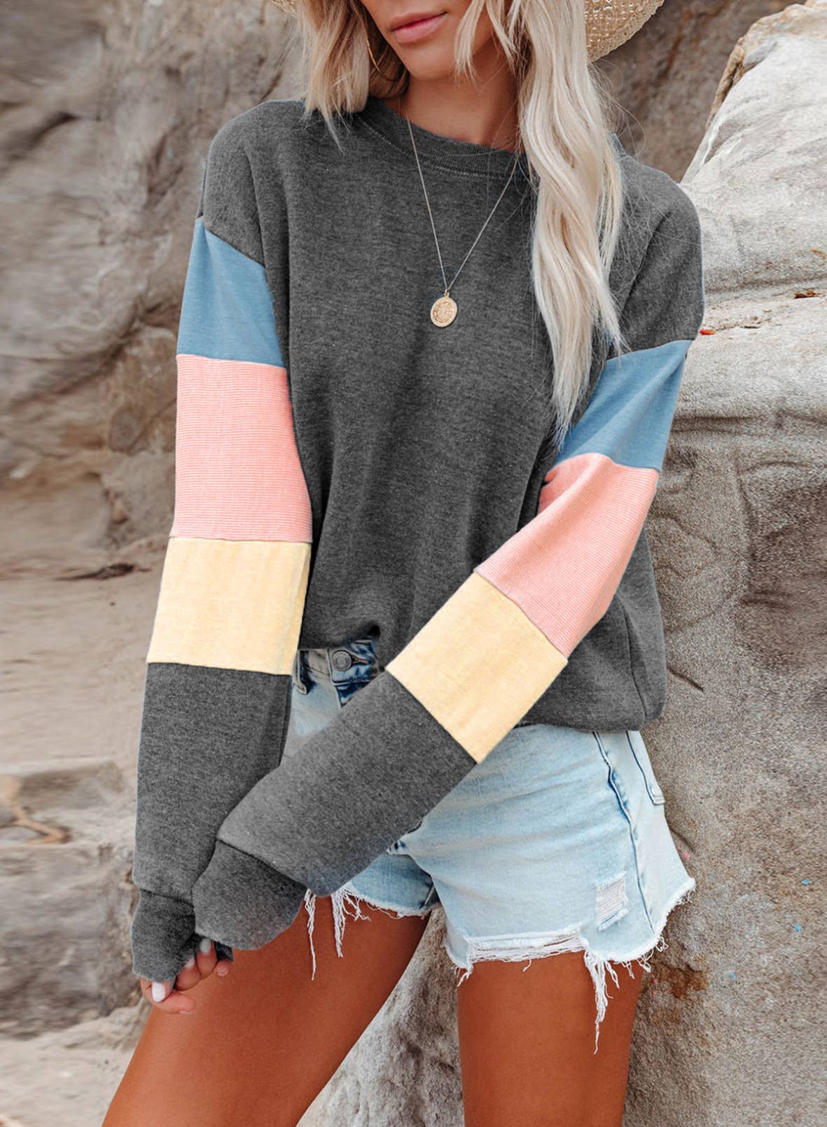 WOMEN'S CREW NECK COLOR PULLOVER LOOSE HOODIE