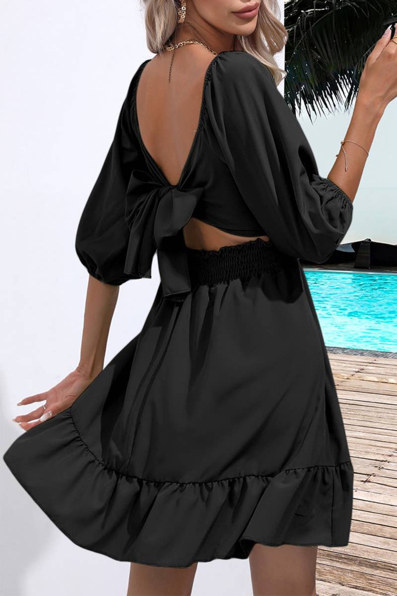 CWDSD7390_SUMMER RUFFLED SQUARE NECK TIE SHORT DRESS