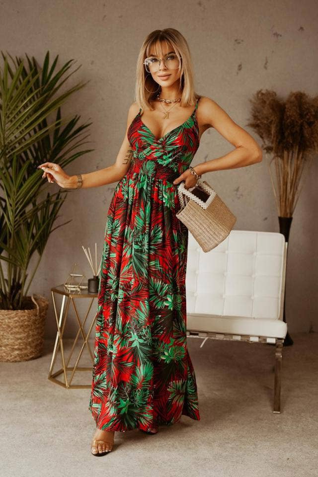 V-neck sleeveless halter print boho long dress