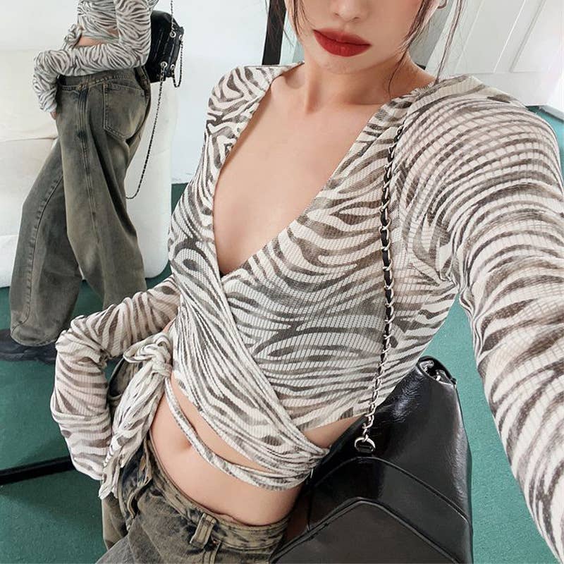 Sexy Zebra Print V-Neck Tie Front Open Cardigan