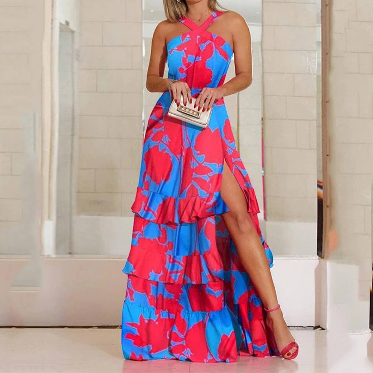 A bohemi printed V-neck sleeveless halter dress