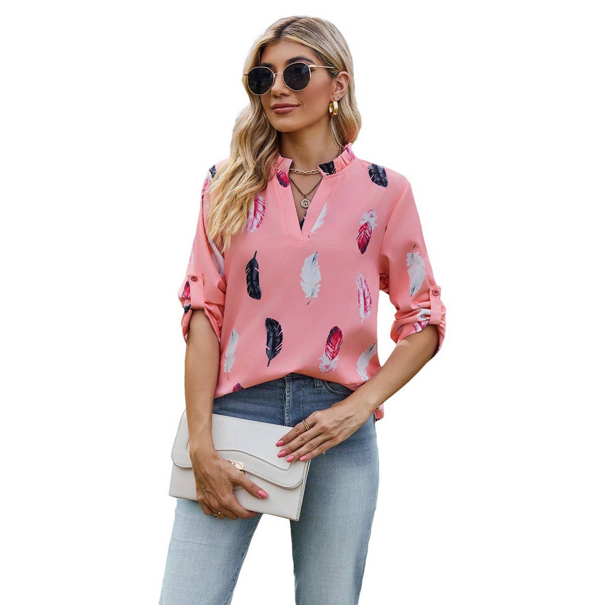 V-neck feather print seven-quarter sleeve shirt