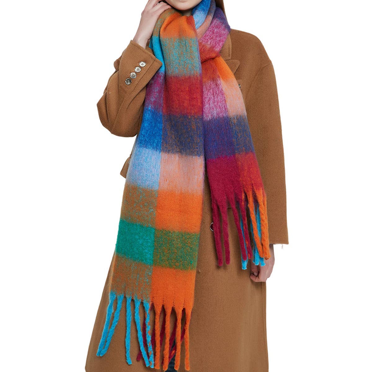 Rainbow Plaid Fuzzy Scarf--Thick Winter Shawl Wrap_CWASC1051