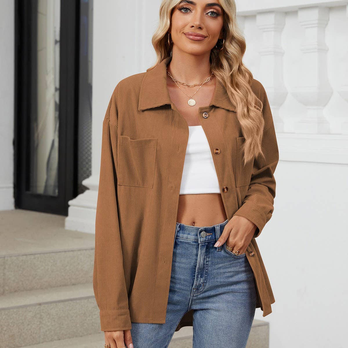 Lapel button solid color patchwork shirt jacket