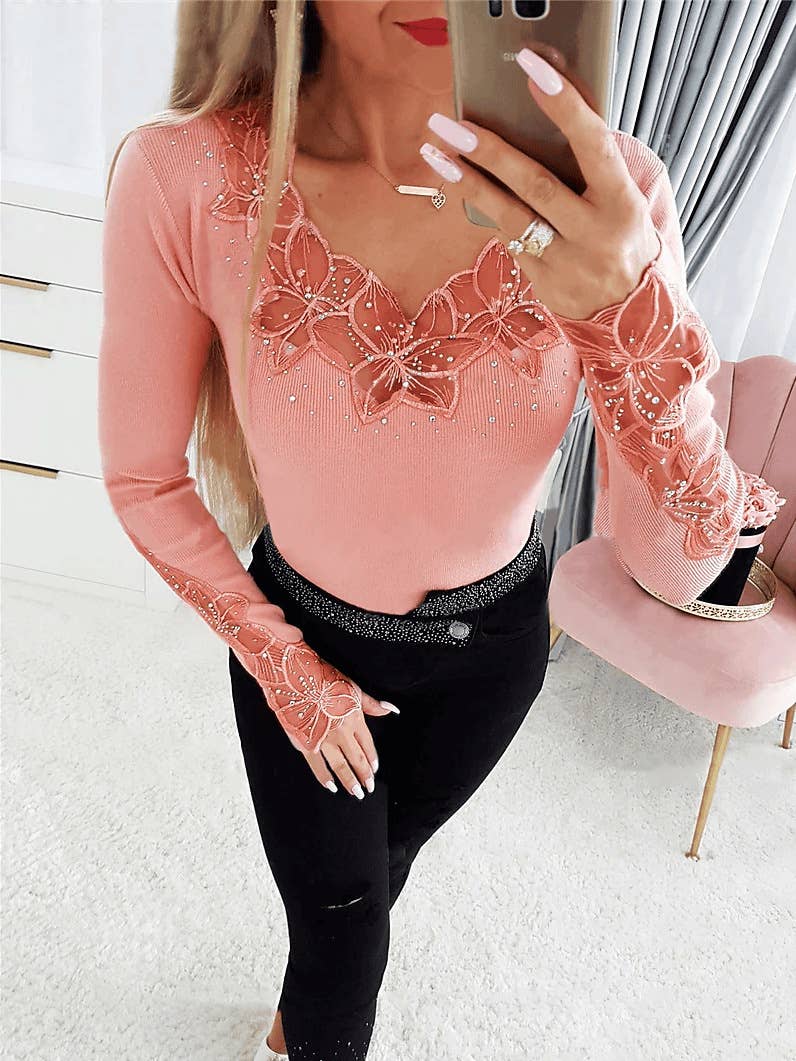 Lace trim diamond embossing long-sleeved T-shirt