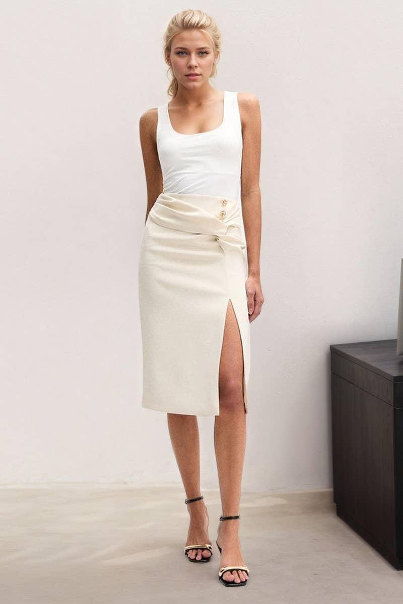 CWBMS0466_SOLID SLIM FIT BUTTON SLIT MIDI SKIRT