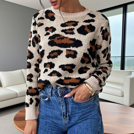 Round-neck retro leopard print pullover sweater