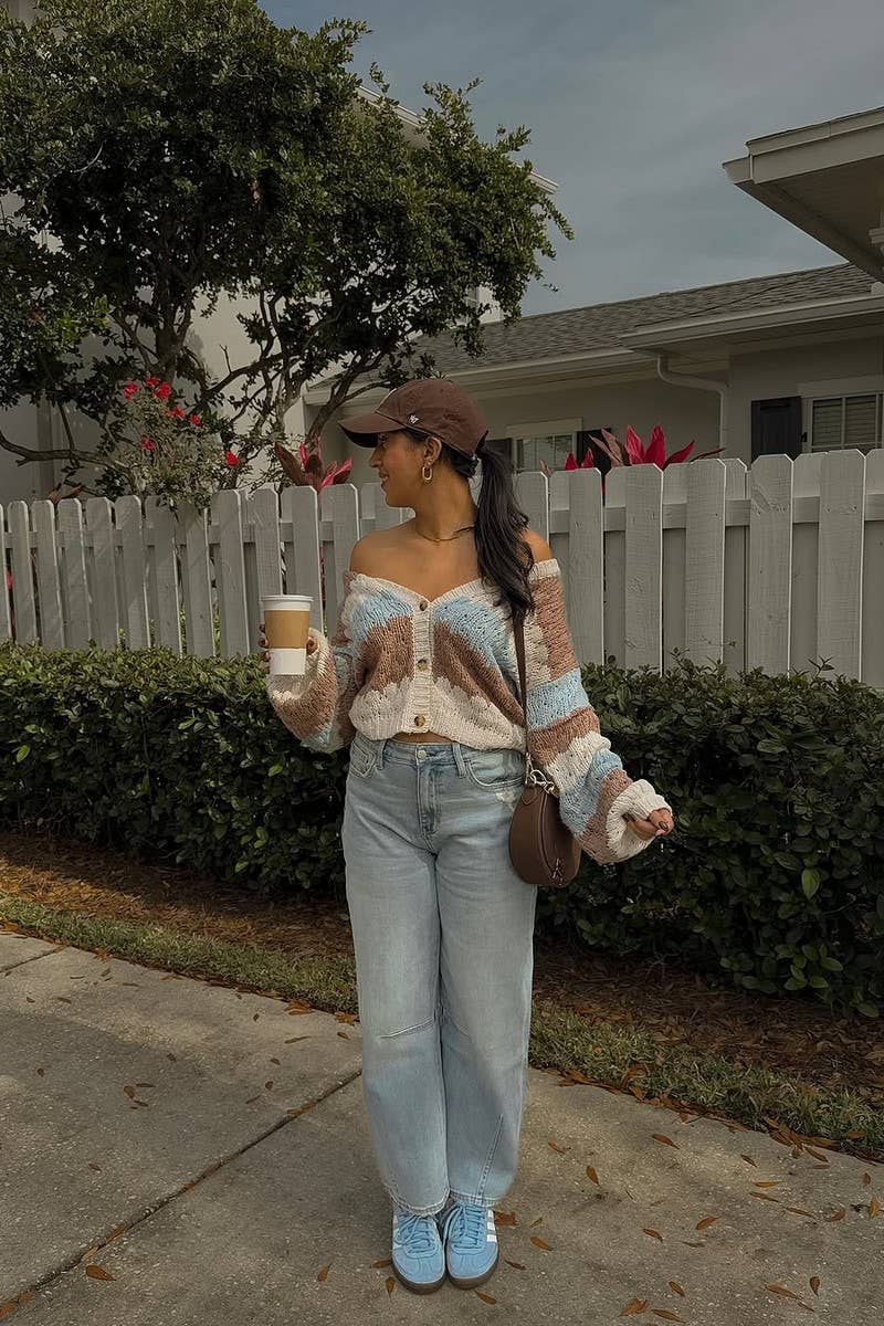 CWOCAL2358_COLORBLOCK V-NECK KNIT BUTTON CARDIGAN