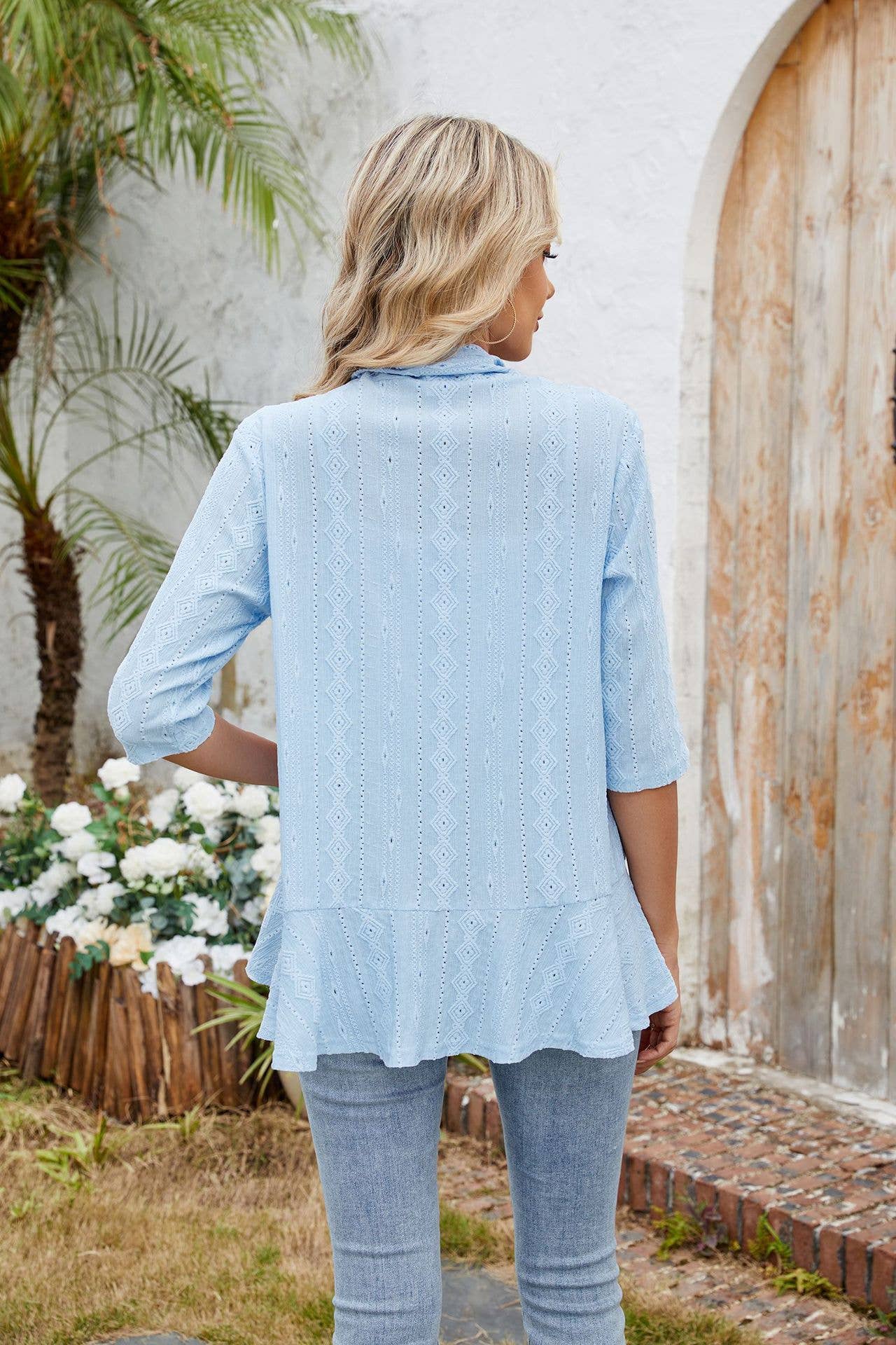 Three-quarter sleeve ruffled solid color cardigan