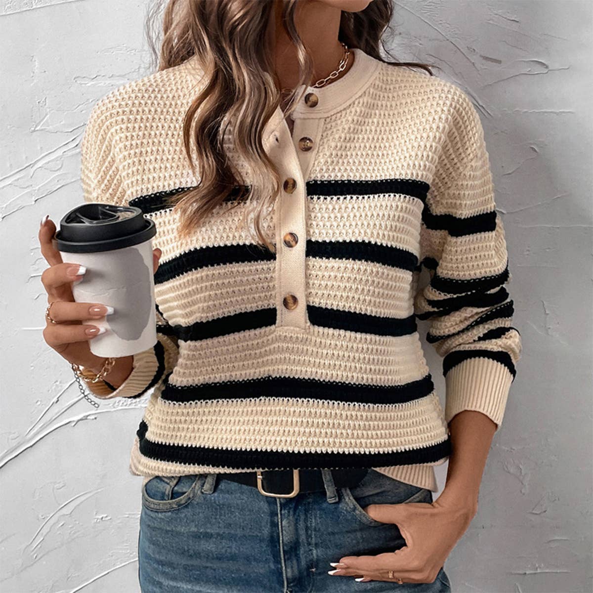 Striped button-down chunky knit crew neck sweater