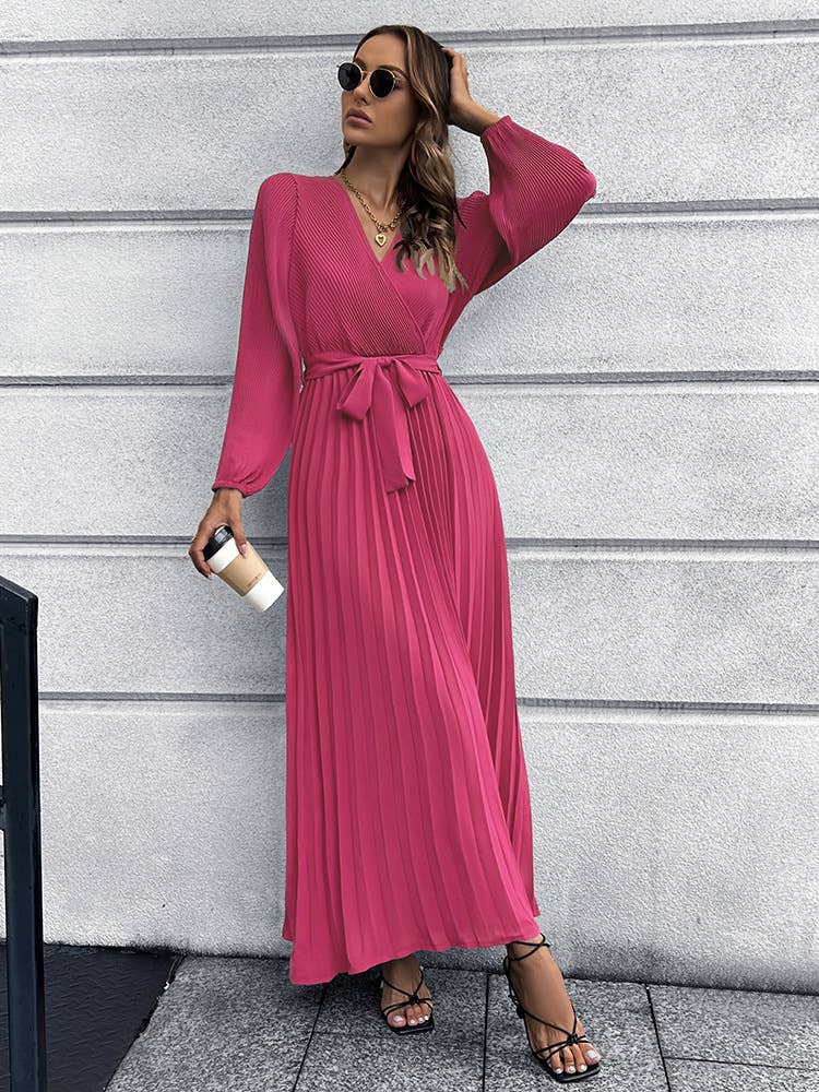 V-neck,long-sleeved,waist-cinching long dress