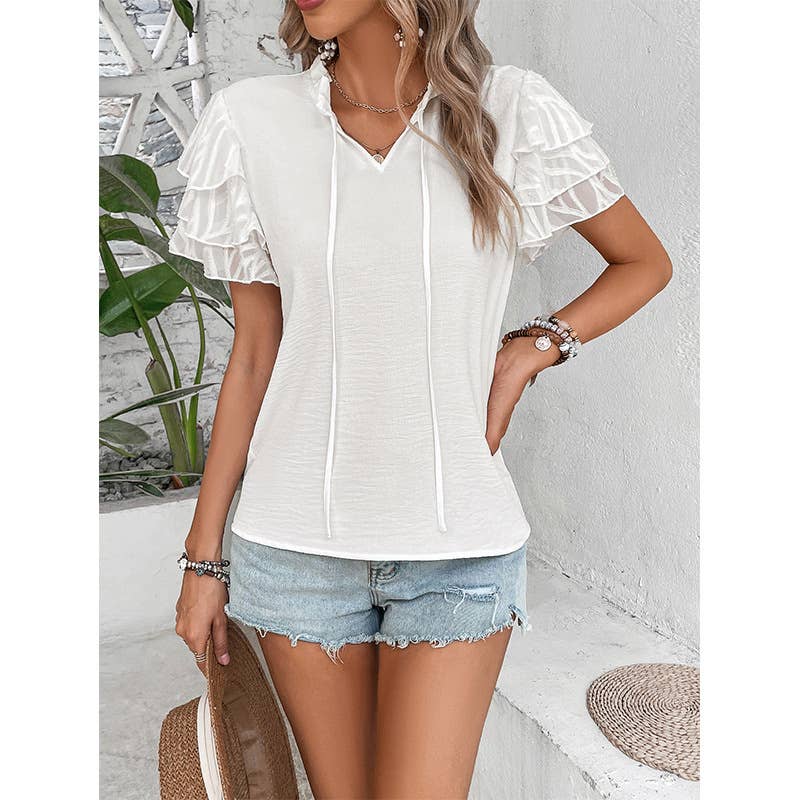 Slim elegant lace sleeve solid color shirt
