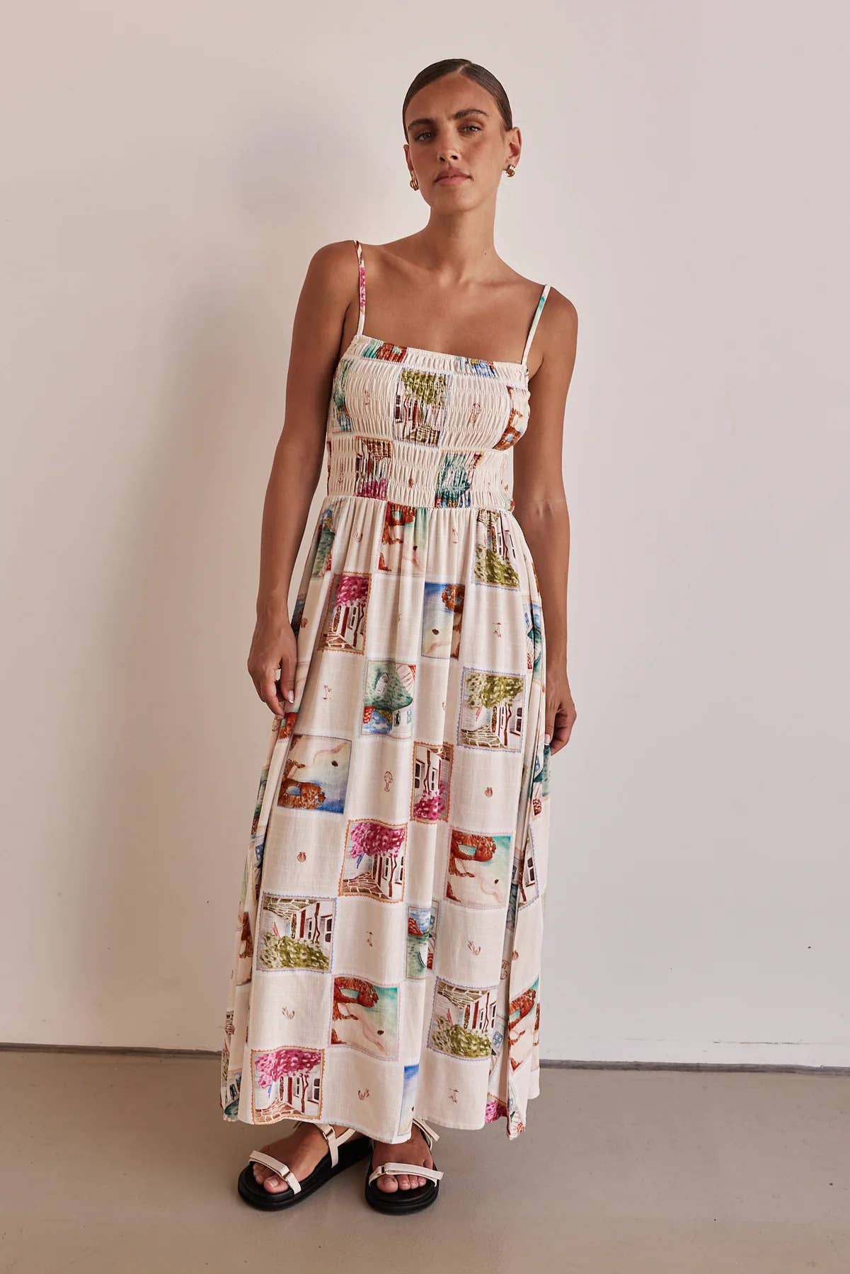 Fashion loose halter print long cable front dress