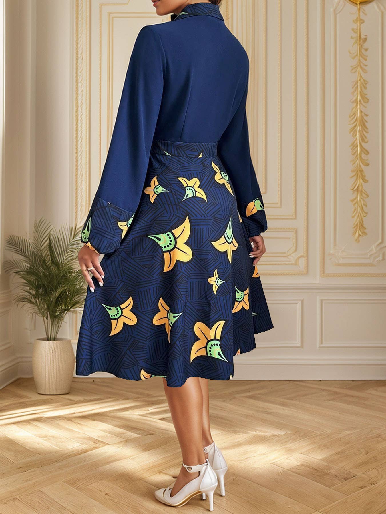 SHIRT NECK SINGLE BREASTED WAIST MID-LENGTH DRESS