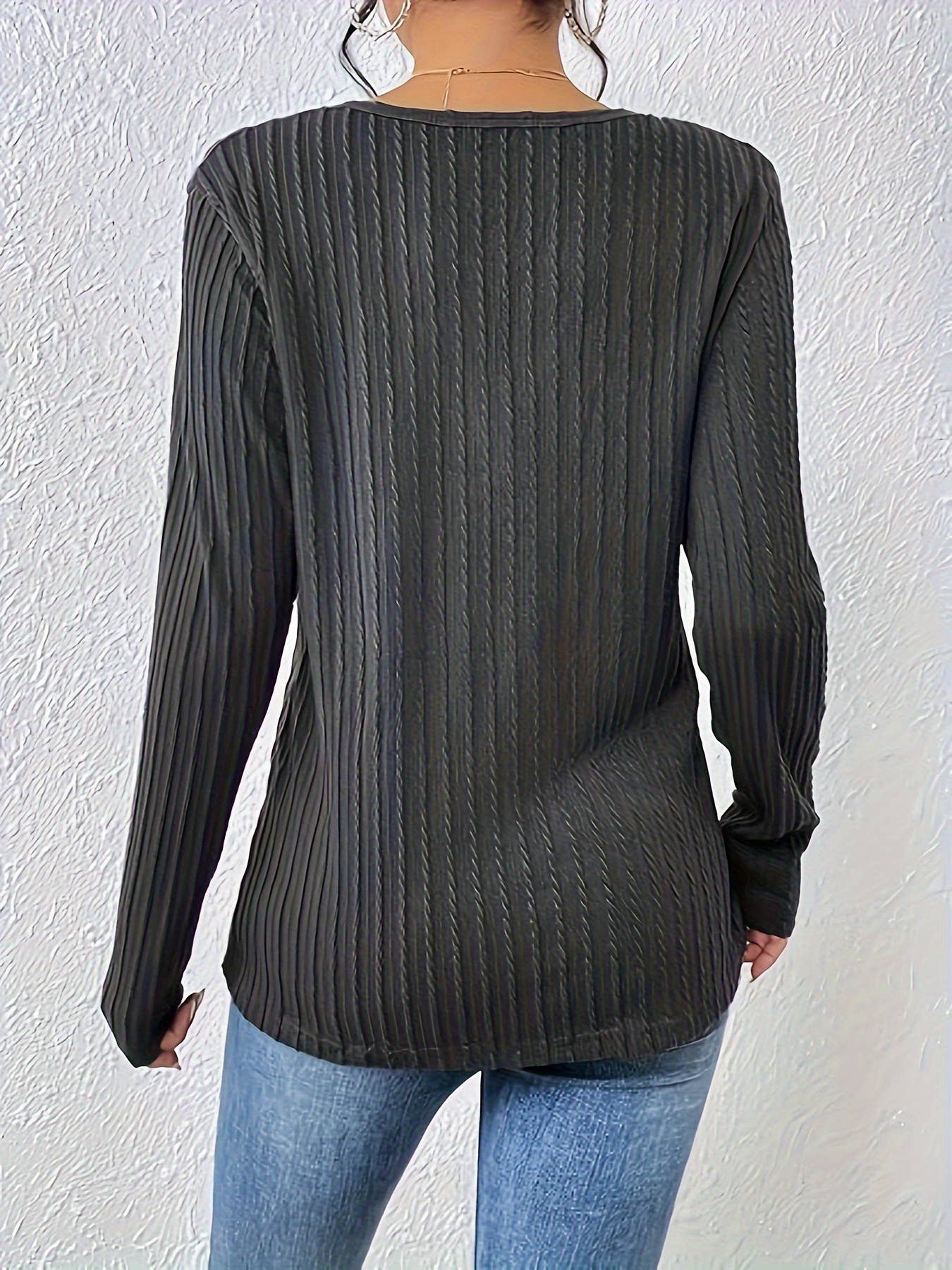 V-NECK T-SHIRT CASUAL JACQUARD TEXTURE KNIT TOP