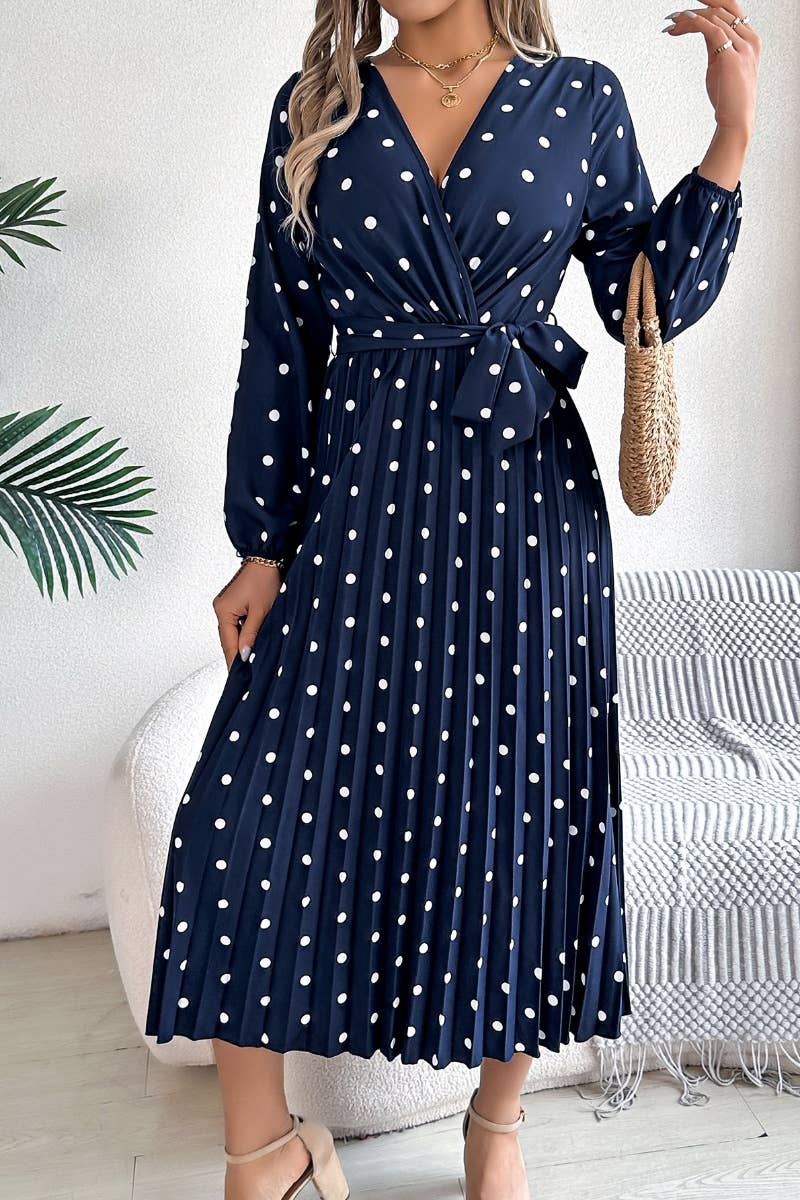 CWDMD3946_FALL V-NECK POLKA-DOT PLEATED LACE-UP DRESS