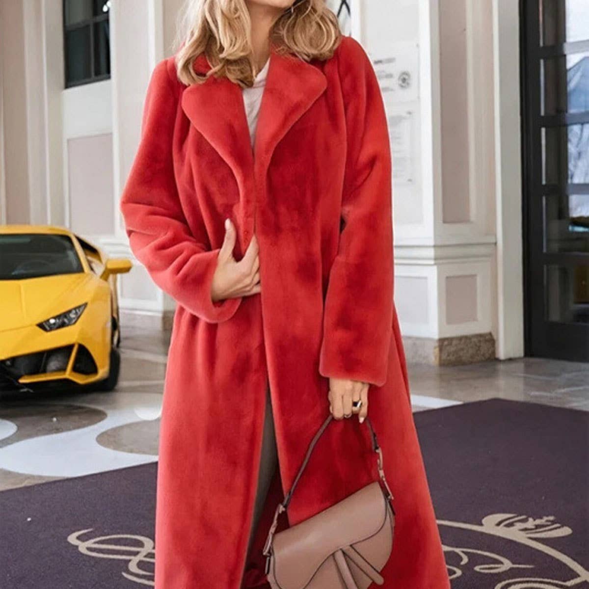 STYLISH AND ELEGANT LACE-UP LAPEL PLUSH LONG COAT