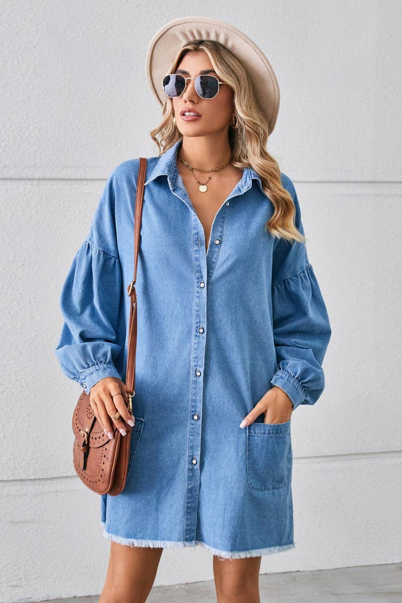 CWDSD10894_LOOSE DENIM FRAYED HEM LONG SLEEVE MIDI DRESS