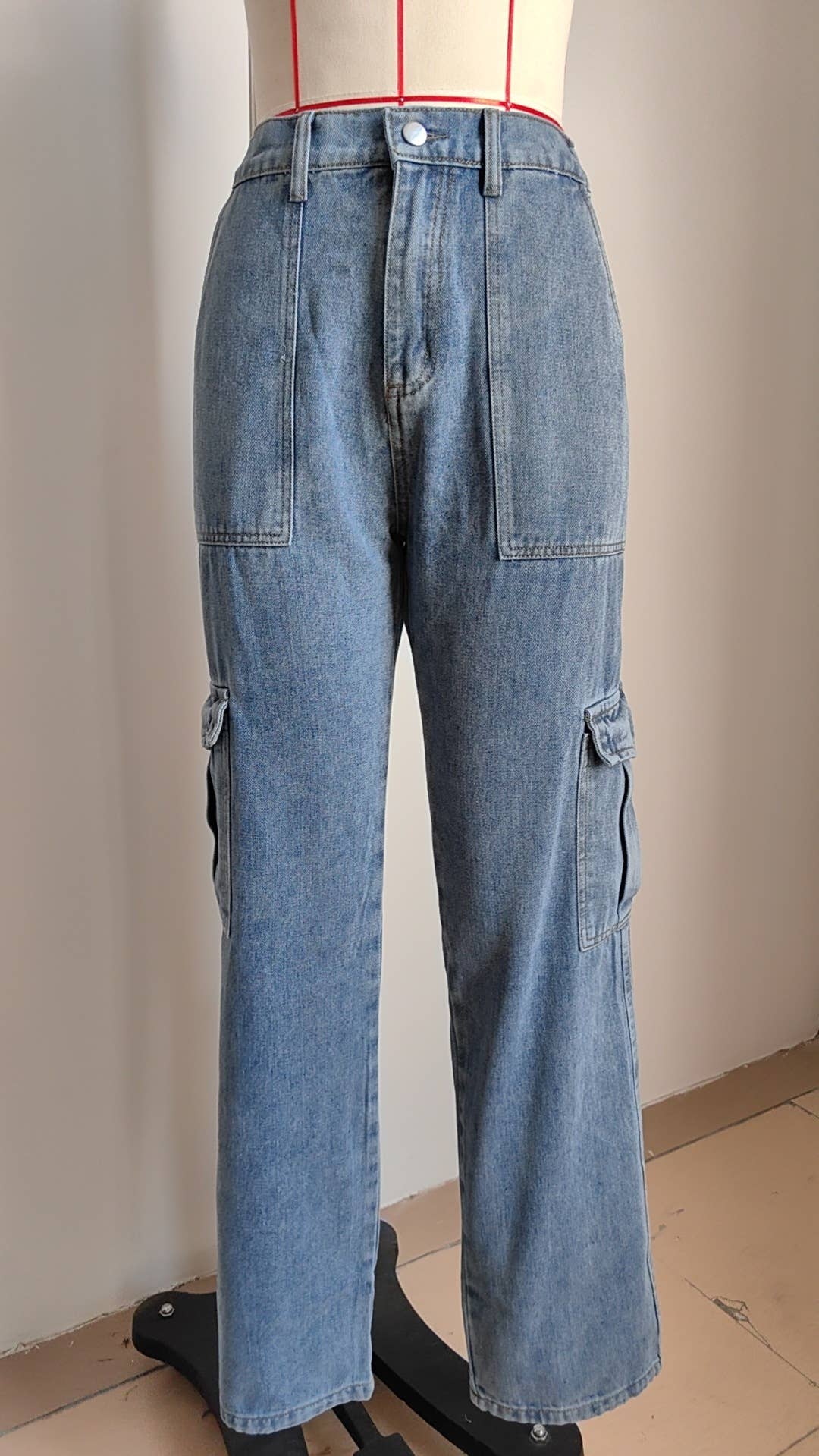 Washed semi-elastic waist denim workwear trousers
