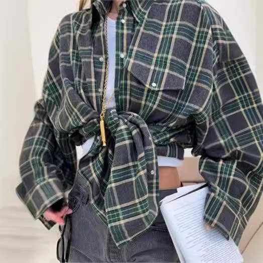 VINTAGE LOOK WITH LAPEL BAGGY PLAID SHIRT