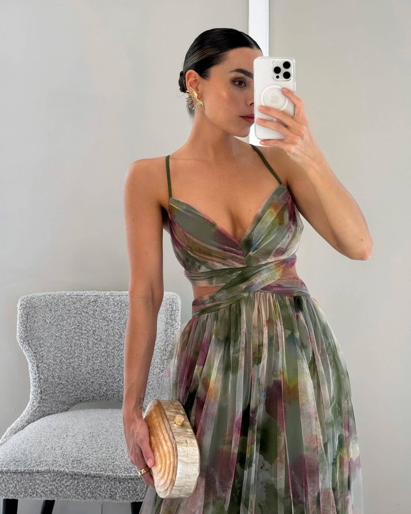 LOW CUT LONG SWING DRESS WITH MESH PRINT HALTER