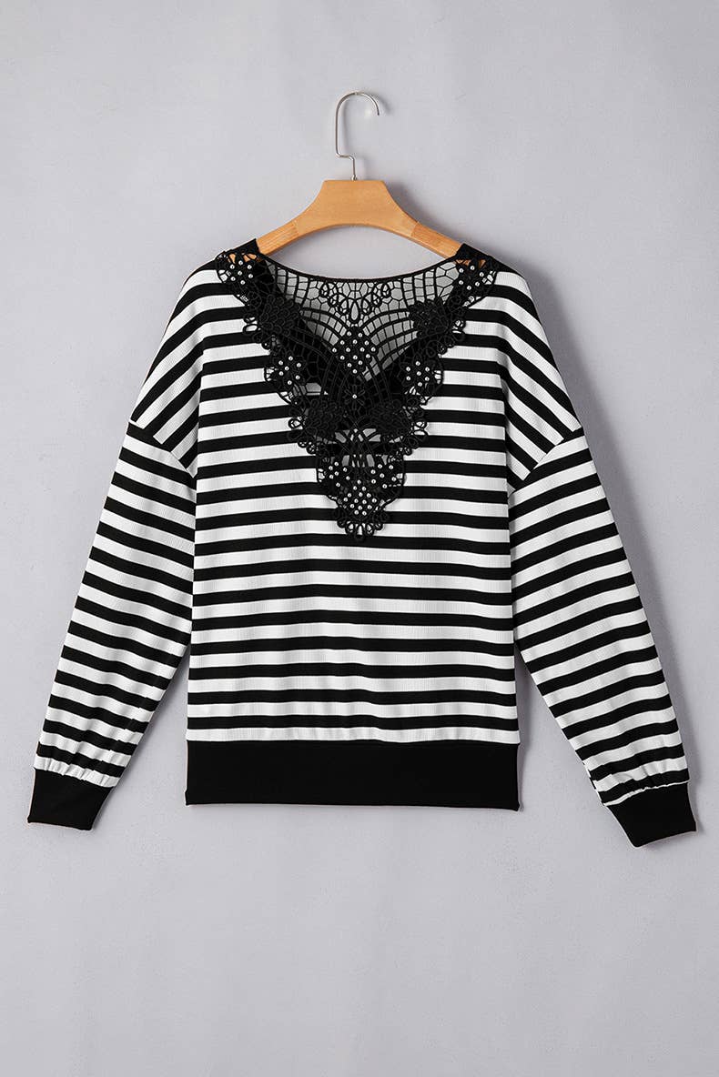 STYLISH STRIPED CROCHET CUTOUT BACK KNITWEAR