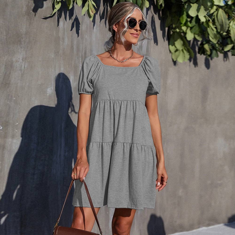 SOLID COLOR KNITTED SQUARE COLLAR DRESS