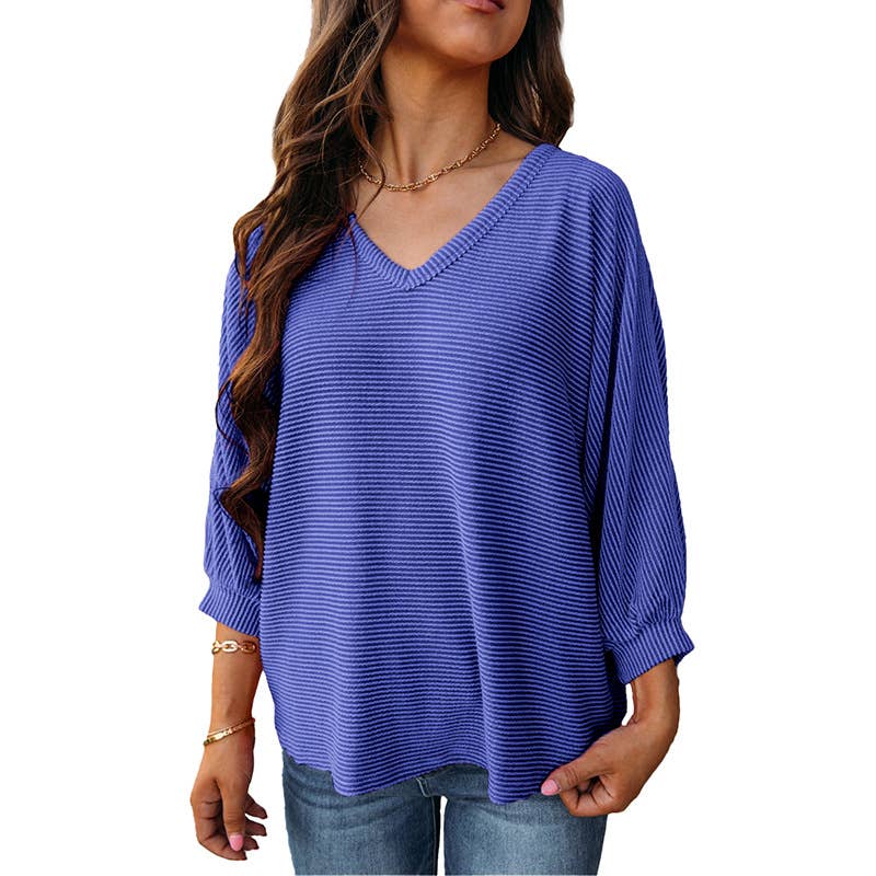 SOLID COLOR V-NECK CASUAL LOOSE KNIT PULLOVER
