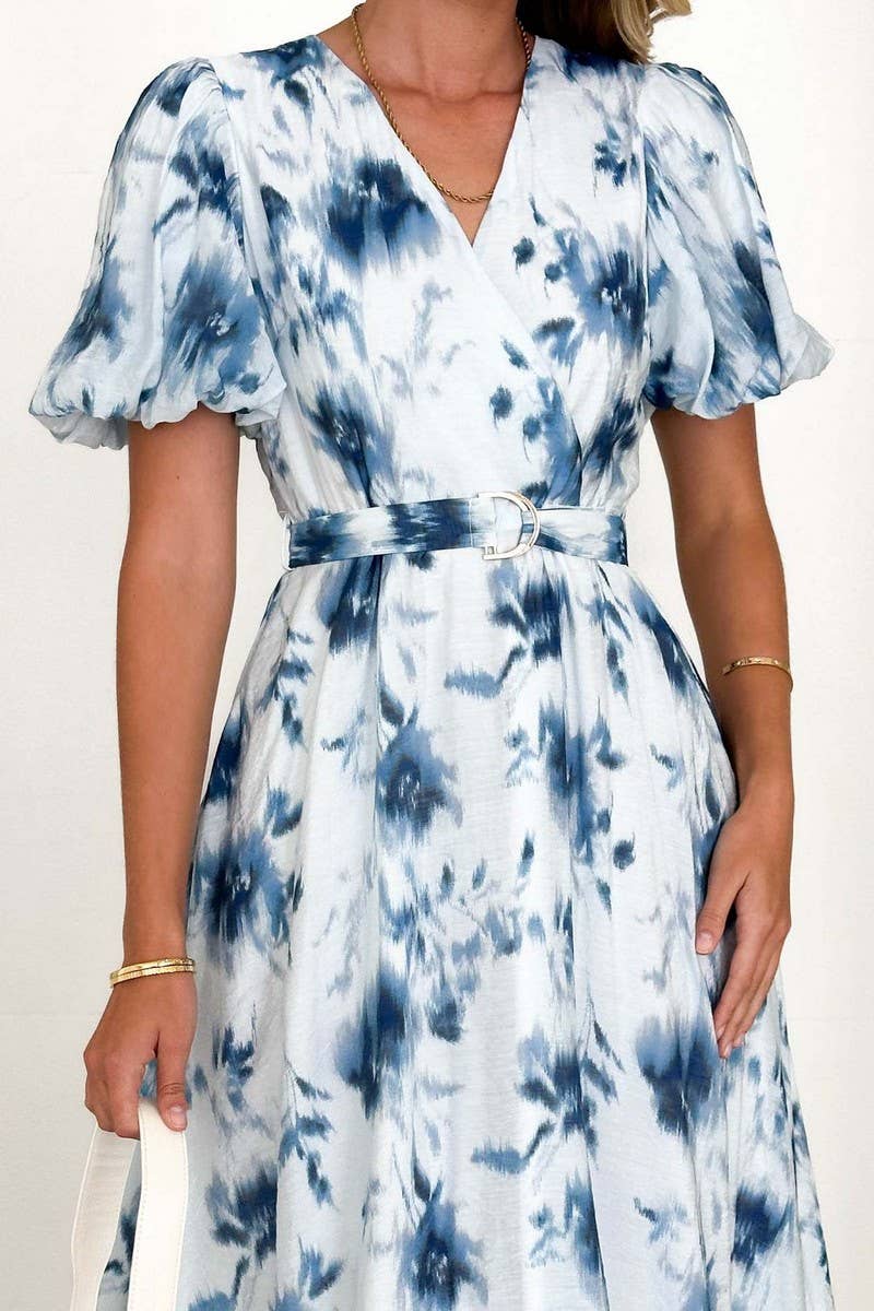 CWDMD5557_ELEGANT V-NECK PUFF SLEEVE FLORAL DRESS