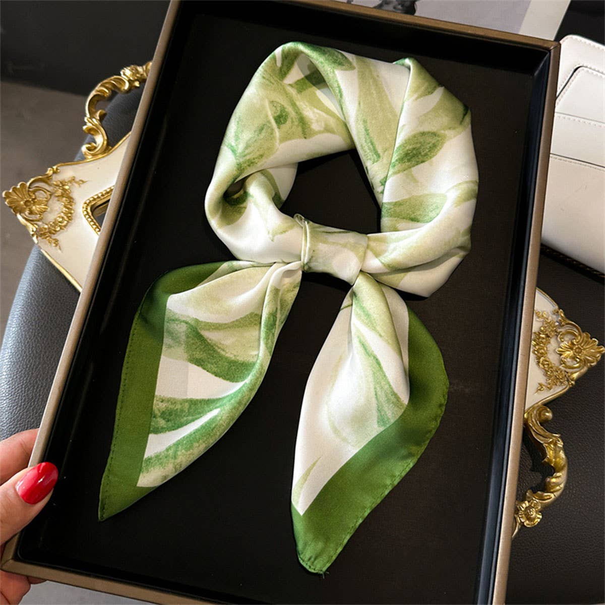 Lotus & Peony Print Satin Square Scarf for Summer