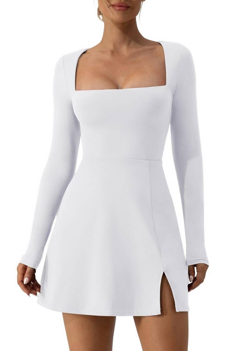 CWDSD8464_SQUARE NECK CORSET SLEEVE SLIT FLARE MINI DRESS