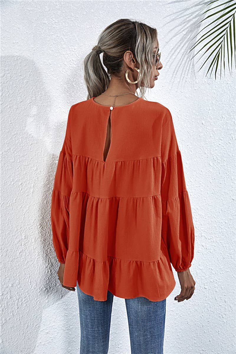 SOLID COLOR ROUND NECK LANTERN SWING LOOSE TOP