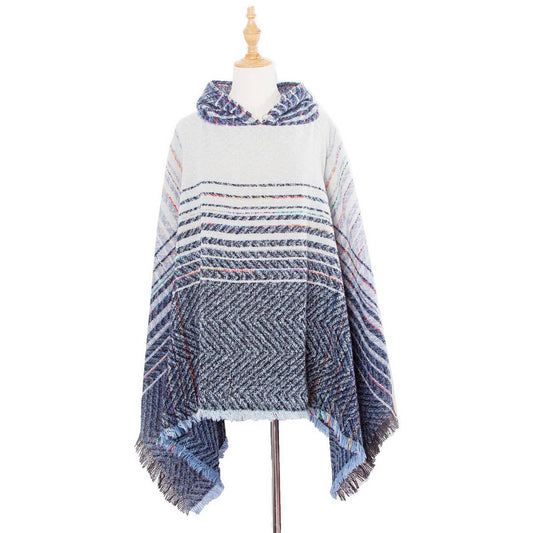 NEW HERRINGBONE GRADIENT HOODED CAPE SHAWL