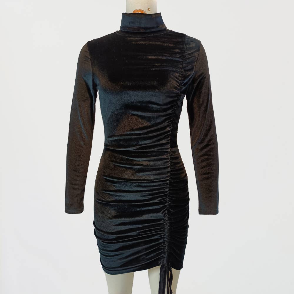 VELVET DRAWSTRING HIGH NECK SEXY HIP WRAP DRESS