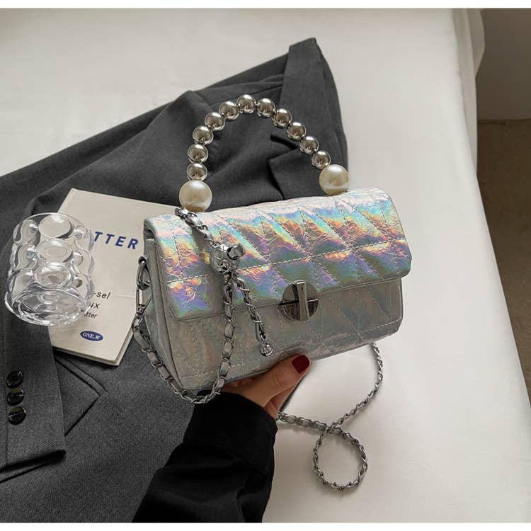 Laser pearl chain diamond single-shoulder bag