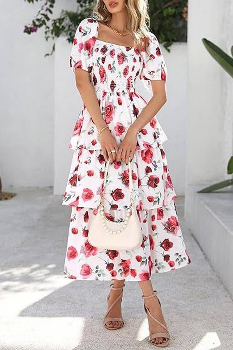 CWDMD01026_SQUARE NECK SHORT SLEEVE FLORAL CHIFFON DRESS