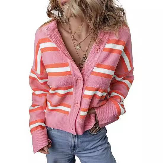 Striped single-breasted cardigan with color matching
