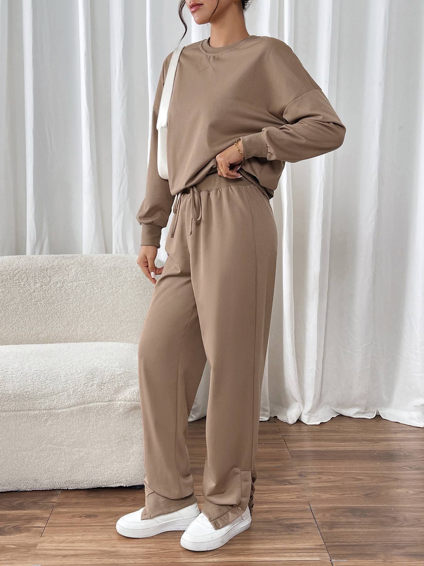 Solid color superior sense pullover hoodie pantsuit