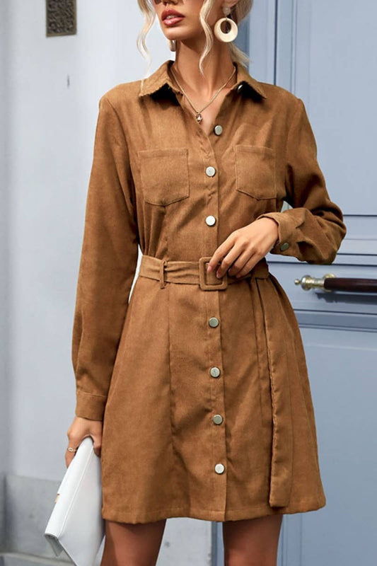 CWDSD6386_LONG-SLEEVED BUTTON-DOWN CORDUROY DRESS