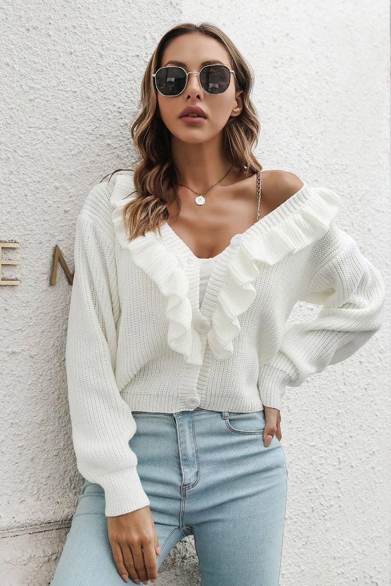 CWOCAL2062_FASHION RUFFLED LOOSE SWEATER CARDIGAN SHORT