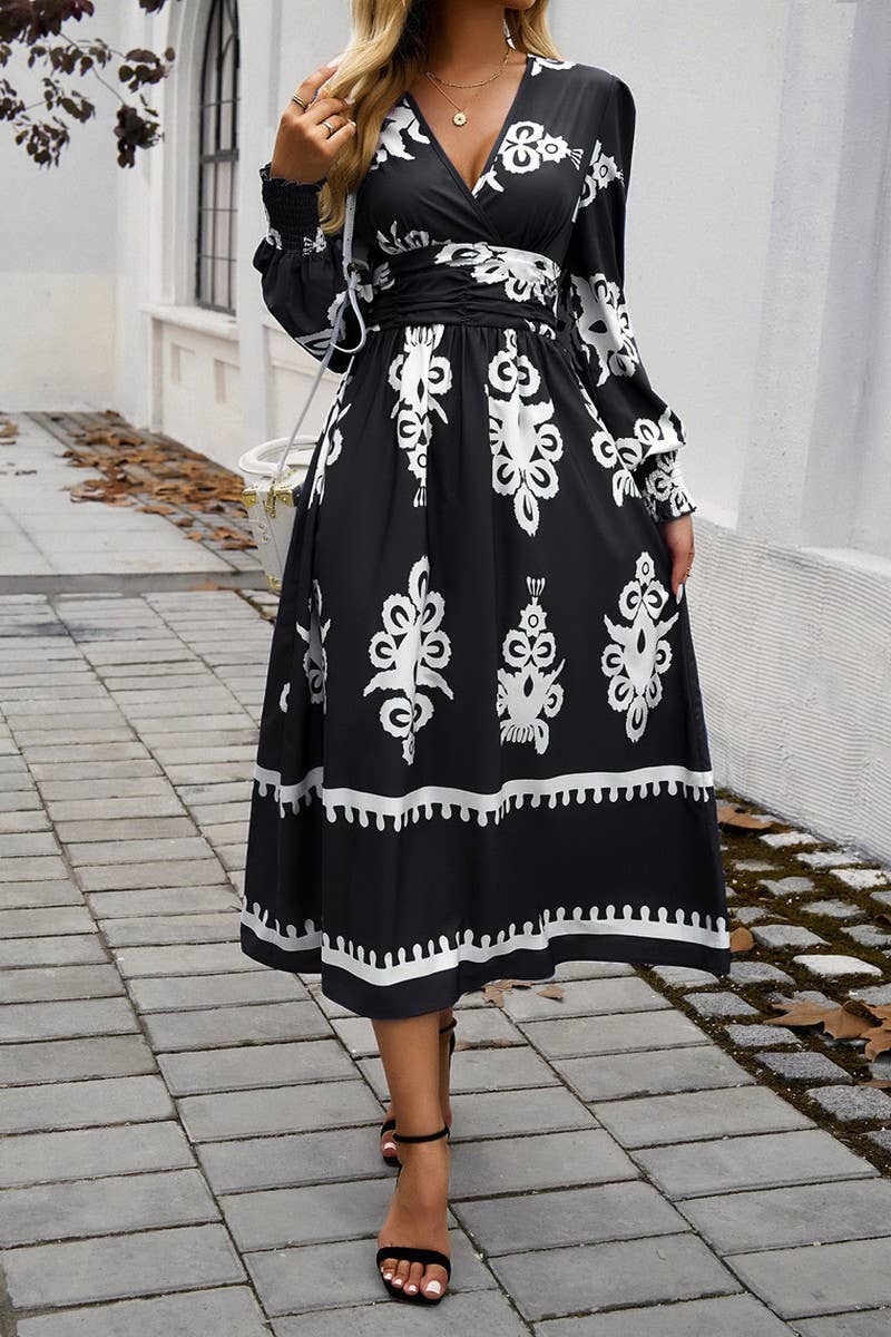 CWDMD4866_V-NECK ELEGANT CONTRAST COLOR LONG SLEEVE DRESS