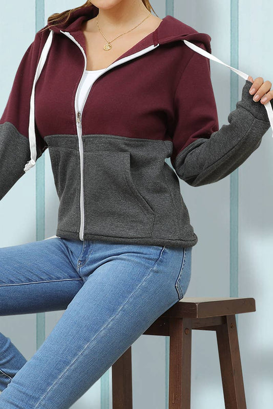 CWOHOL215_2 COLOR BLOCK ZIP-UP 2 SIDE POCKETS HOODED