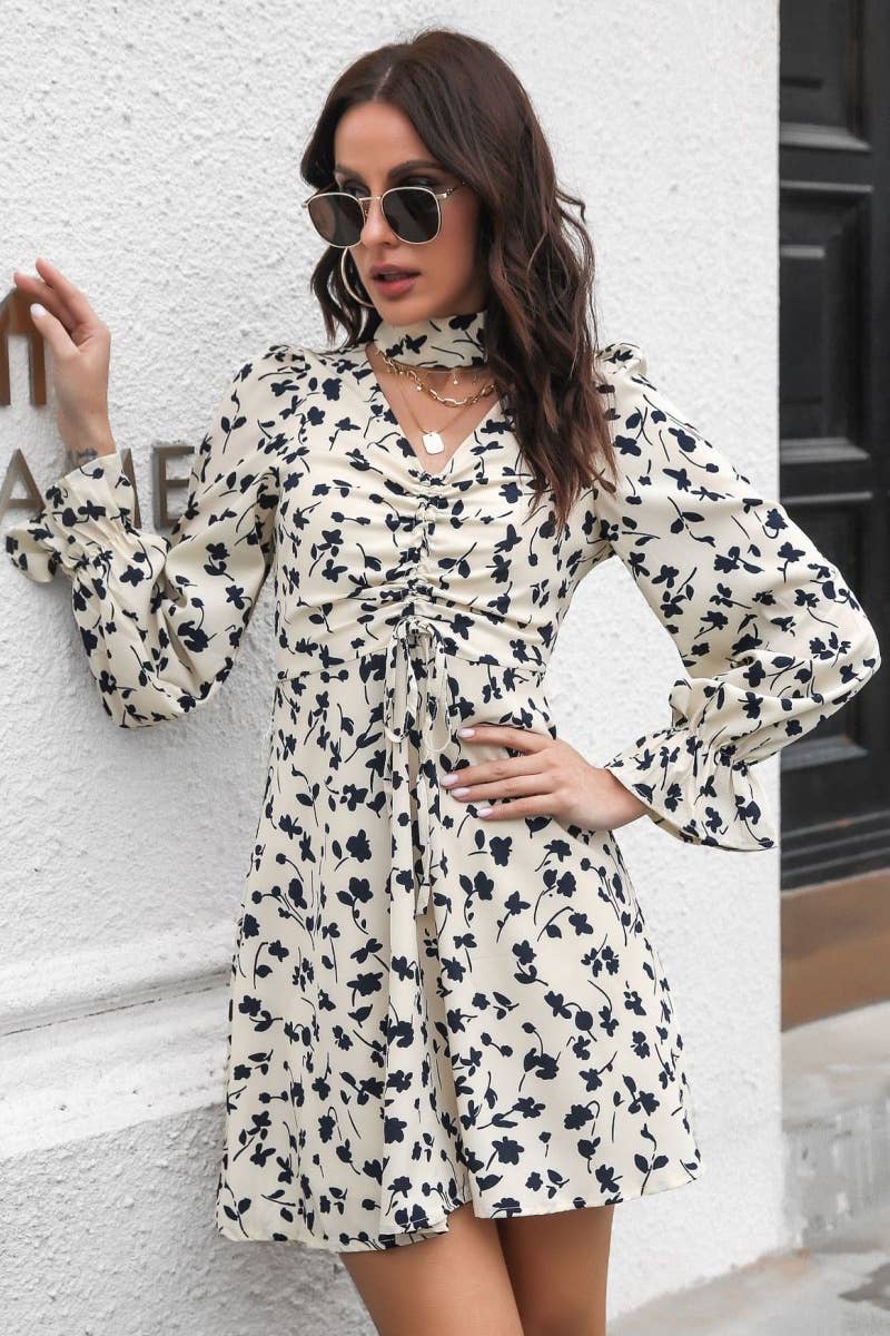 CWDSD6434_DRAWSTRING V-NECK DRESS WITH FLARED SLEEVES SHORT