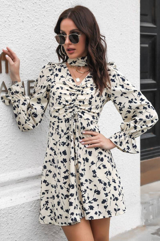 CWDSD6434_DRAWSTRING V-NECK DRESS WITH FLARED SLEEVES SHORT