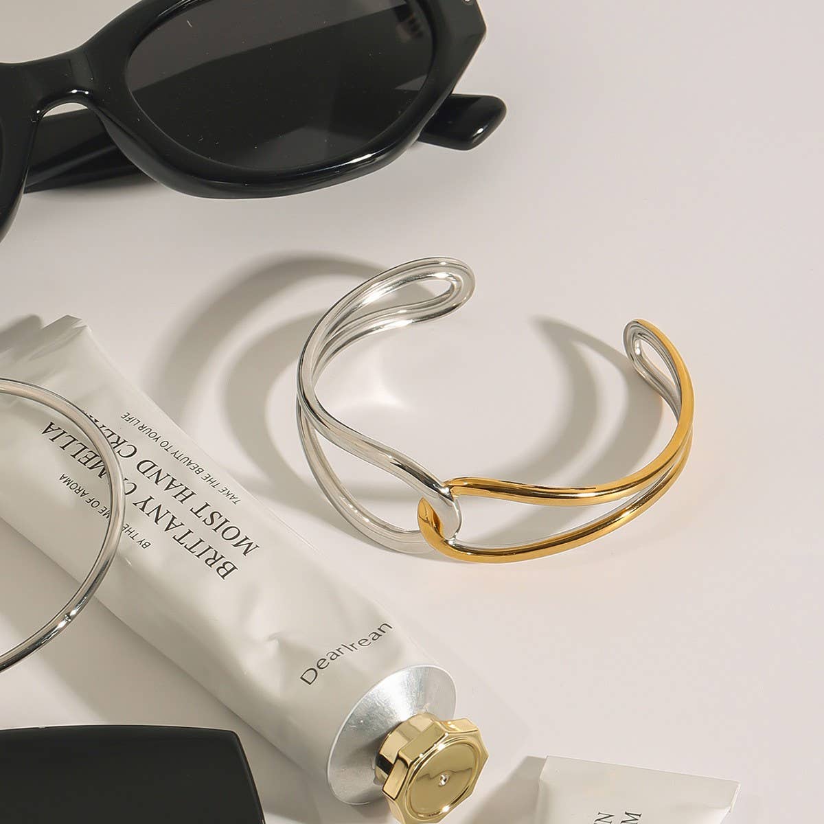 18K Gold Silver Twist Knot Hollow Open Cuff_CWAJE4861