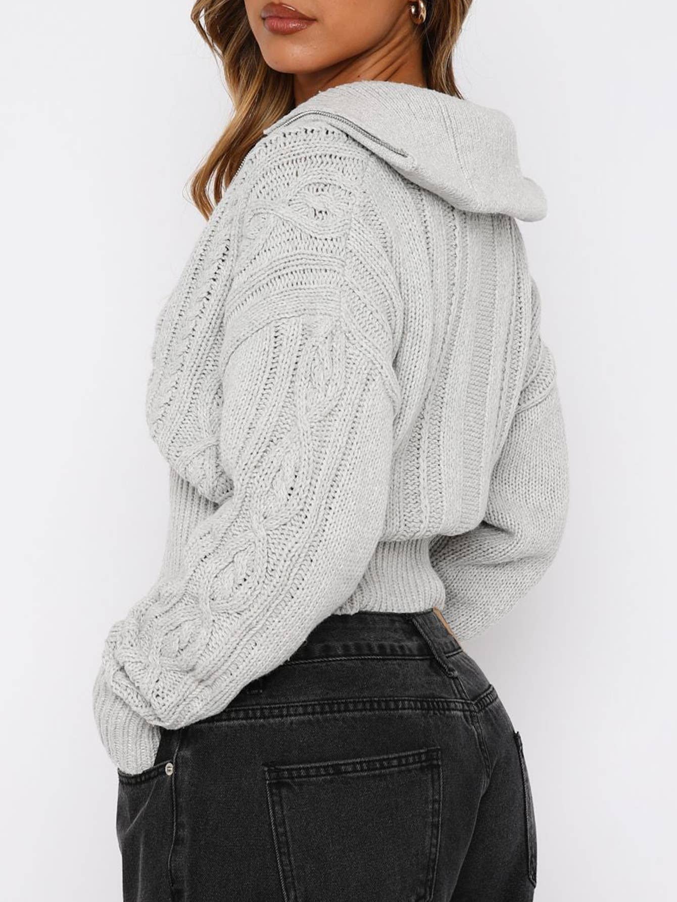 Simple zipper solid-color short knitted cardigan