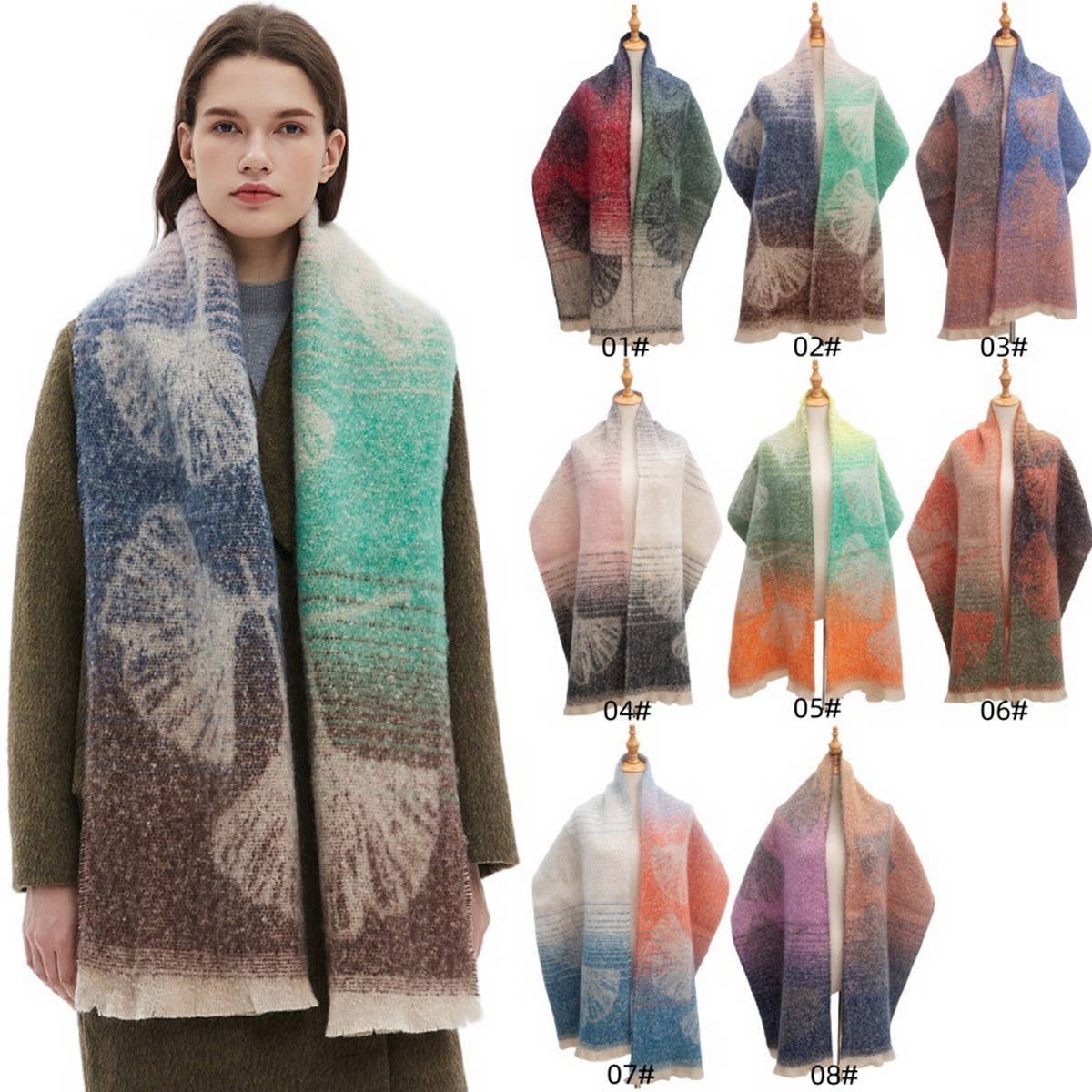 Ginkgo Jacquard Scarf ? Loop Yarn Fringe Winter