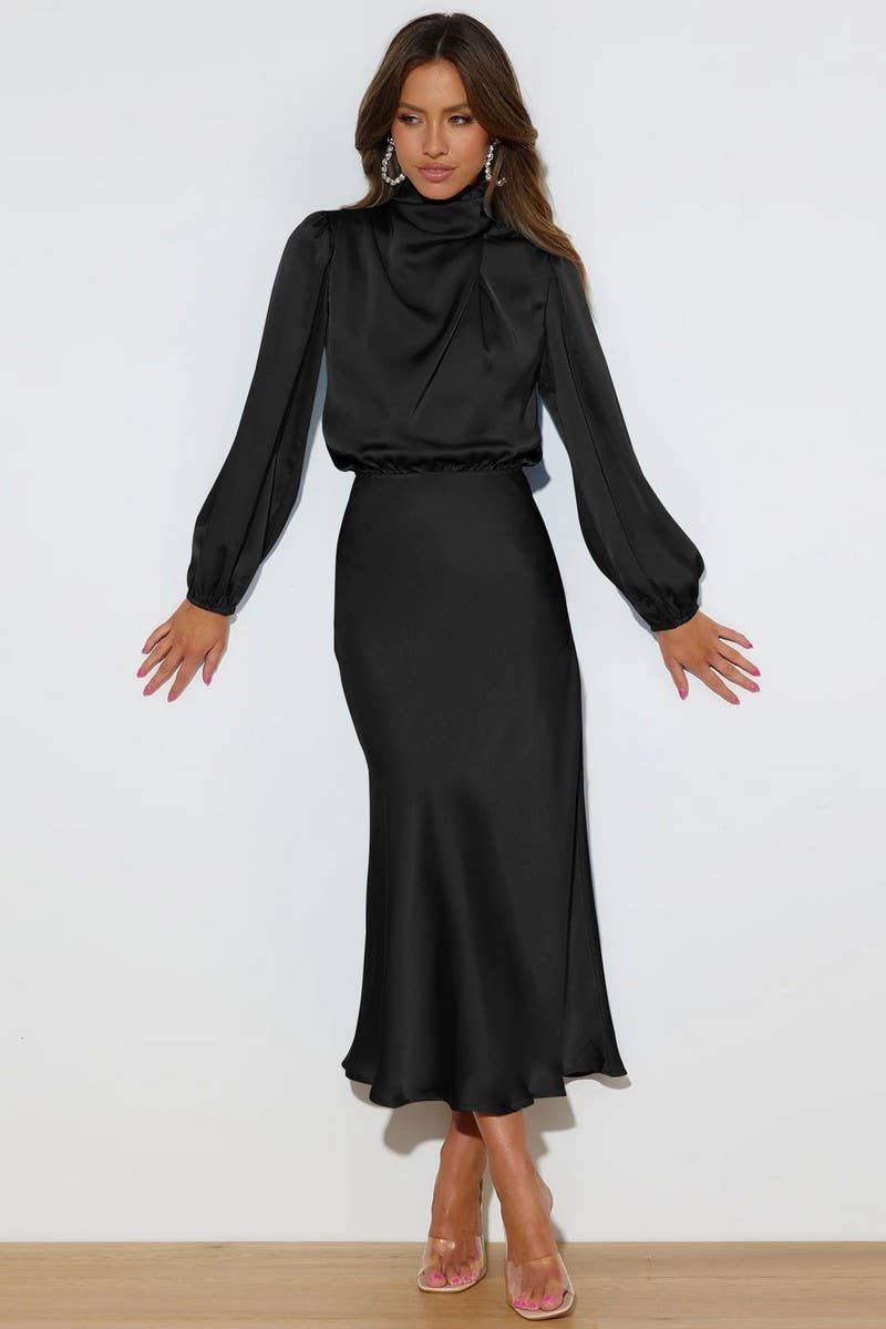 SOLID COLOR SATIN LONG SLEEVED LOOSE DRESS_CWDMD1311