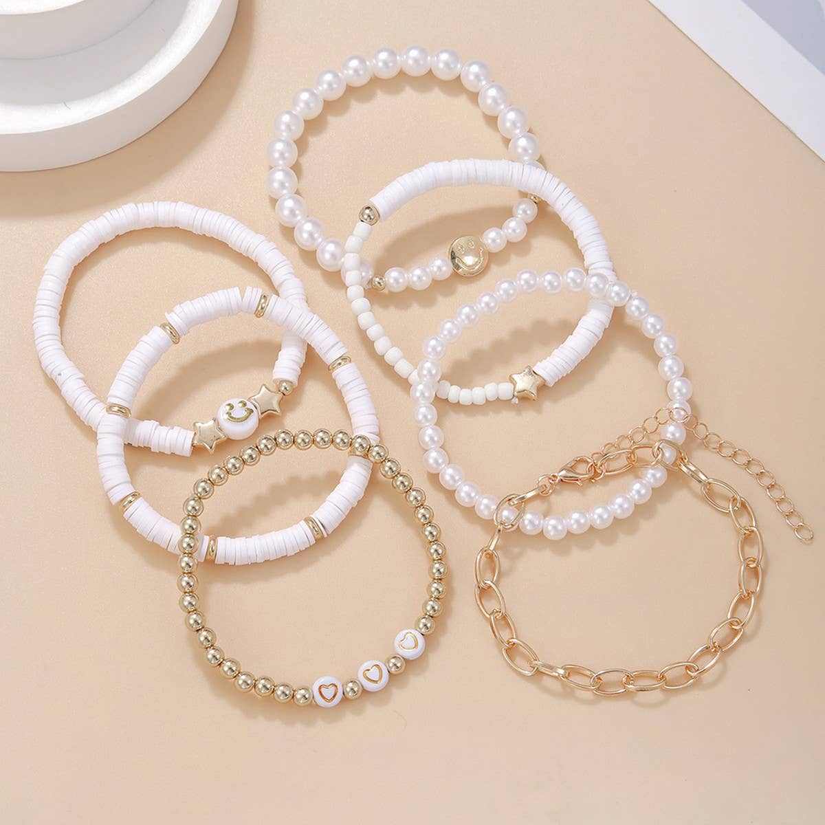 SMILEY FACE WHITE CHAIN HANDMADE BRACELET SET_CWMM3524