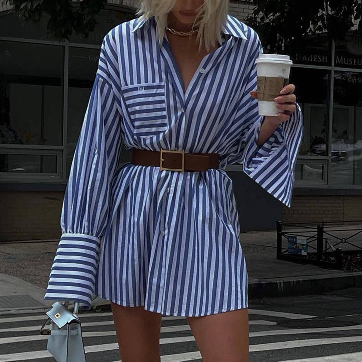 LOOSE FASHION STRIPED PATCHWORK SHIRT DRESS